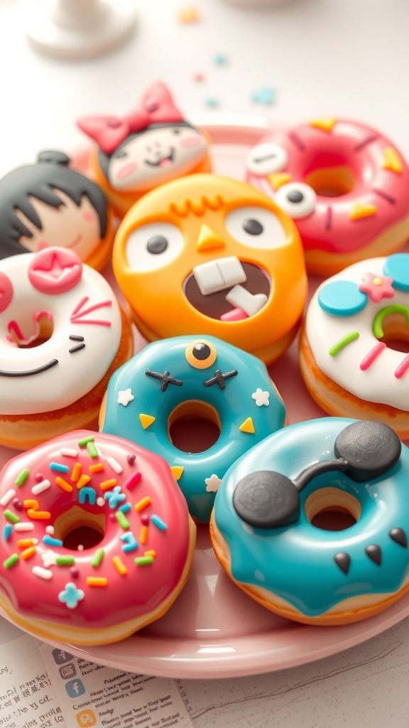 An array of decorated donuts inspired by anime, featuring colorful icing and sprinkles on a pastel plate.